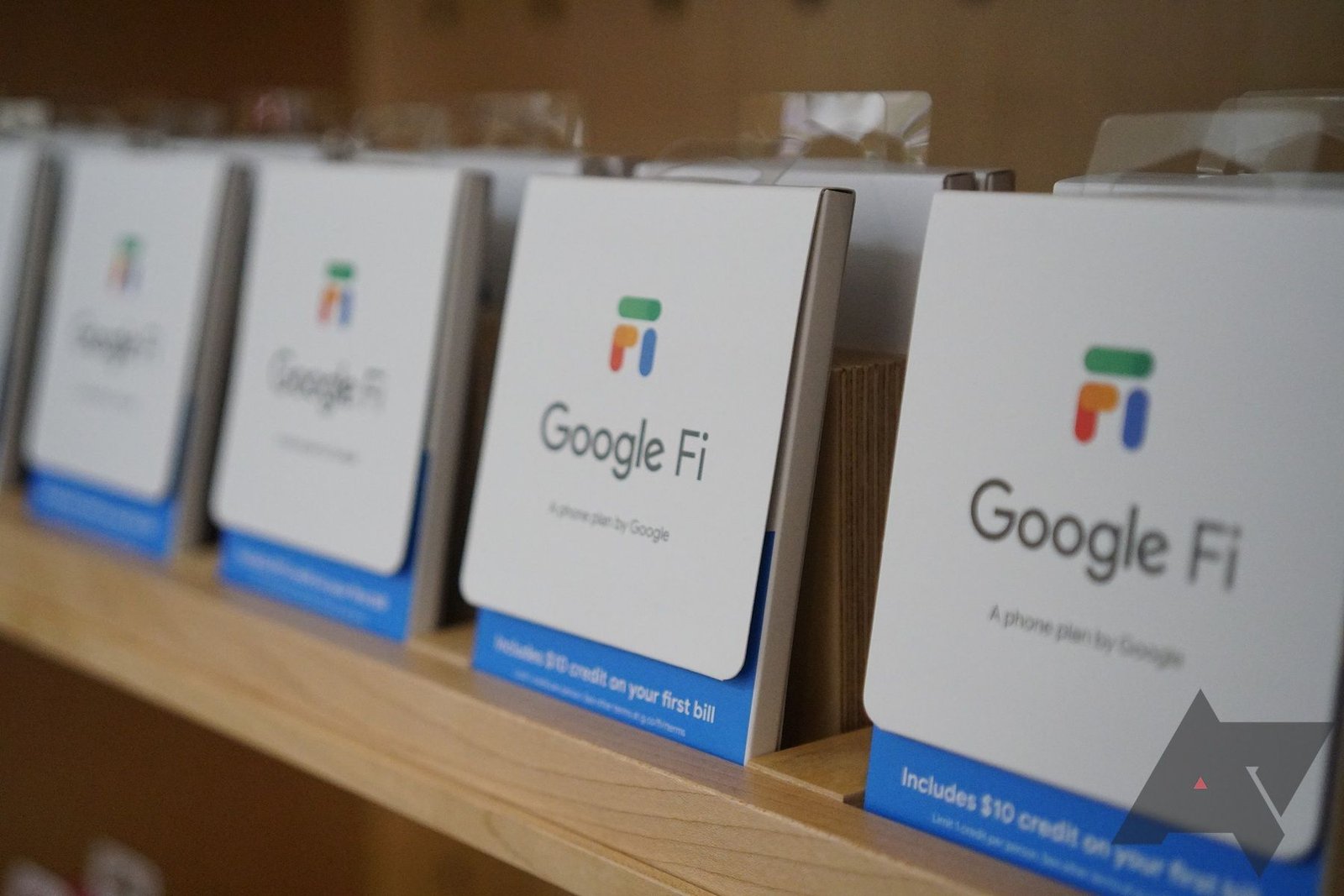 A shelf of Google Fi SIM card boxes